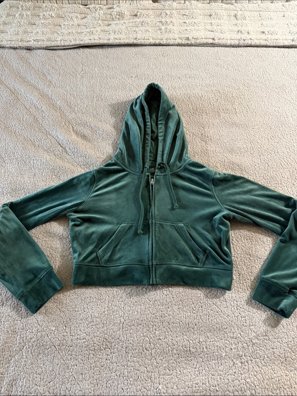 Hollister Dark Green Cropped Zip-Up Hoodie Medium